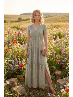 To My Lovers Drawstring Waist Floral Tiered Maxi Dress Size Large Peasant Simple